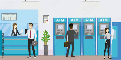 People inside bank, office interior design. Concept with business people at atm and terminal.
