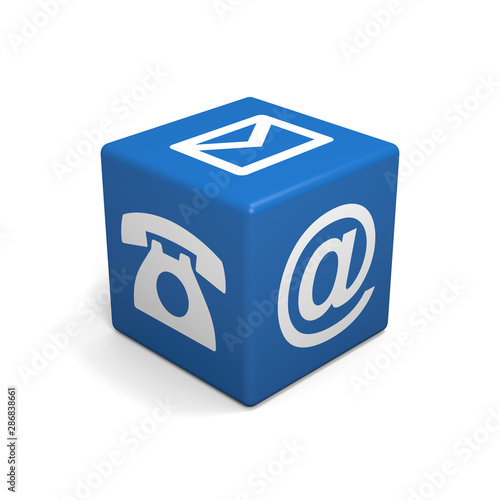 Blue cube with phone, mail and email icon on white background