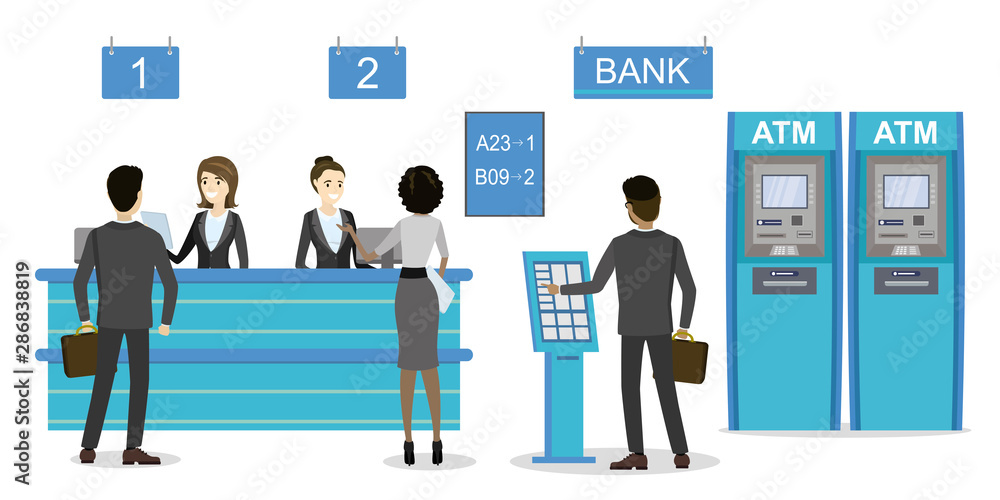 Male and female clients standing and talking to managers of bank Male and female clients standing and talking to managers of bank