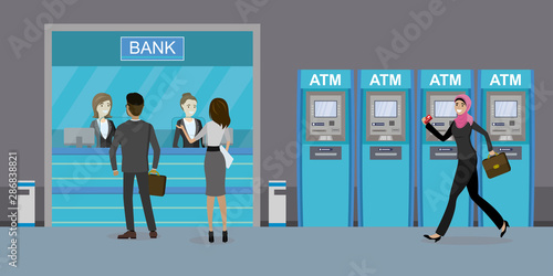 Bank counter or currency exchange service with managers and clients.
