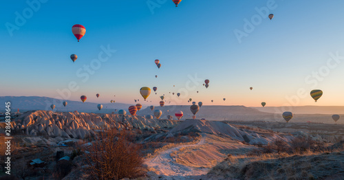 Konstfotografi Colorful hot air balloons before launch in Goreme national park, Cappadocia, Tur