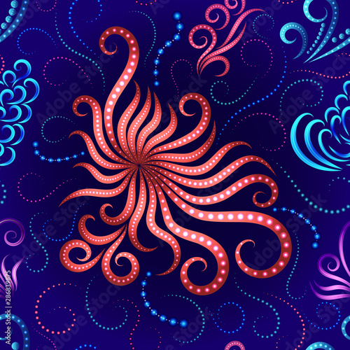 Bright stylized seamless pattern of the inhabitants of the underwater world. Textile. Packaging.