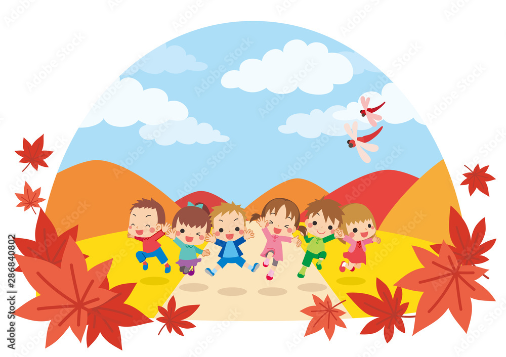秋の日に草原でジャンプする元気な子供たち【ドーム型】