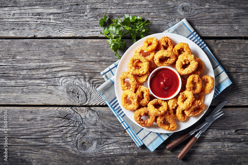 Konstfotografi crispy calamari rings on a white plate