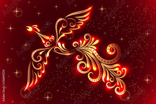 Image of a firebird from ornament elements in red and gold colors.