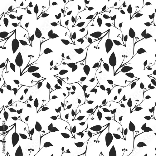 Branch pattern with black leaves on white background.