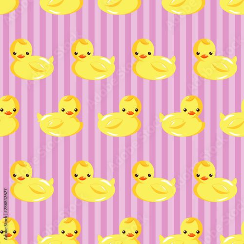Rubber Duck in vertical Striped Background Seamless Pattern.