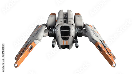 3d illustration of old scratched metal spaceship isolated on white background. Science fiction vehicle for space wars. Single pilot spaceship. Concept assault fighter, gunship. White orange spacecraft