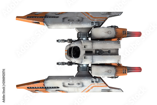 Fototapeta Naklejka Na Ścianę i Meble -  3d illustration of old scratched metal spaceship isolated on white background. Science fiction white orange vehicle for space wars. Single pilot spaceship. Concept assault fighter, gunship. Top view.