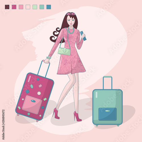 Girl with suitcases and a ticket in hand, going on a trip. Vacation. Relaxation. Tourism. Tourist. Far countries. Airport. Image in nude colors. Vector illustration.