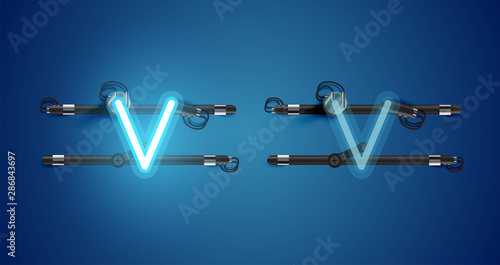 Realistic glowing blue neon charcter on and off
