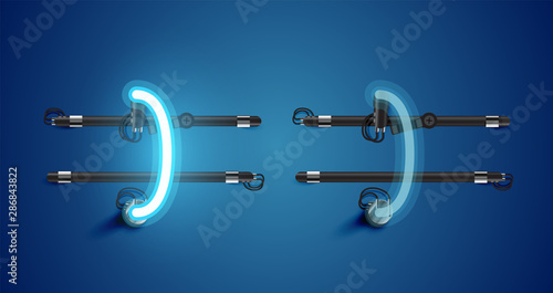 Realistic glowing blue neon charcter on and off