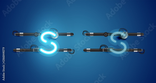 Realistic glowing blue neon charcter on and off