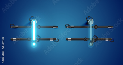 Realistic glowing blue neon charcter on and off