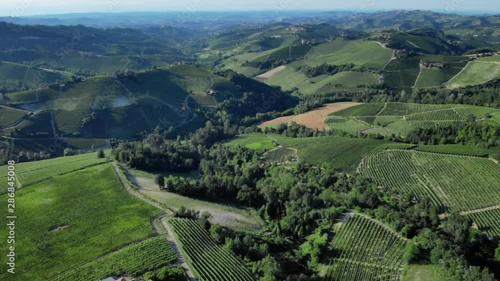 Barolo italian country side aerial shot. Flying over hills full of vineyards Barolo italian country side aerial shot. Flying over hills full of vineyards