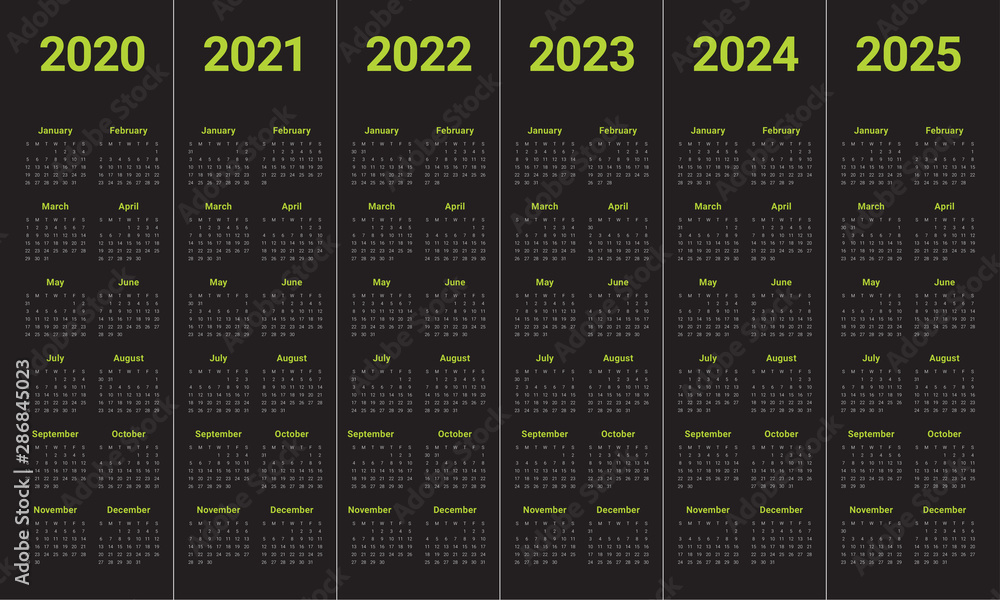 Year 2020 2021 2022 2023 2024 2025 calendar vector design template ...