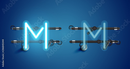 Realistic glowing blue neon charcter on and off