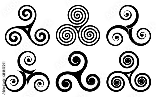 Black celtic triskels vector set. Irish, breton and scottish traditonal symbols, triple spirals isolated on white background
