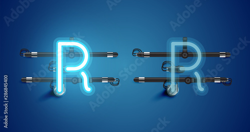 Realistic glowing blue neon charcter on and off
