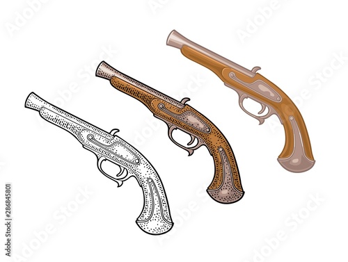 Flintlock antique pistol. Vector color vintage engraving