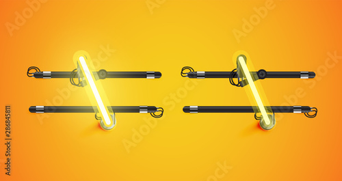 Realistic glowing yellow neon charcter on and off