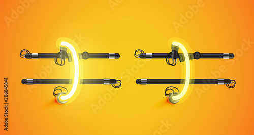 Realistic glowing yellow neon charcter on and off