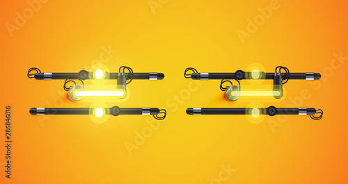 Realistic glowing yellow neon charcter on and off