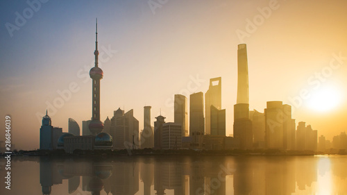 Panoramic view of shanghai skyline and huangpu river in morning with sunrise  China.
