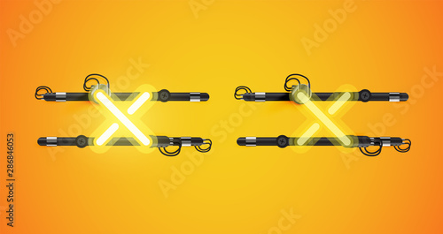 Realistic glowing yellow neon charcter on and off