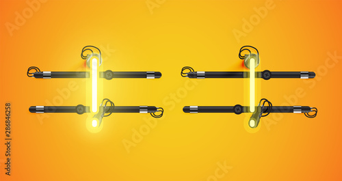 Realistic glowing yellow neon charcter on and off