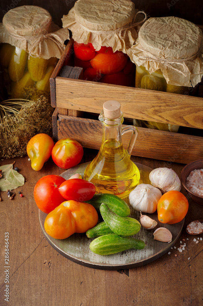 Basic ingredients for cooking homemade pickled tomato and cucumber