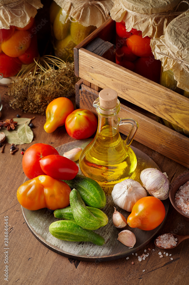 Basic ingredients for cooking homemade pickled tomato and cucumber