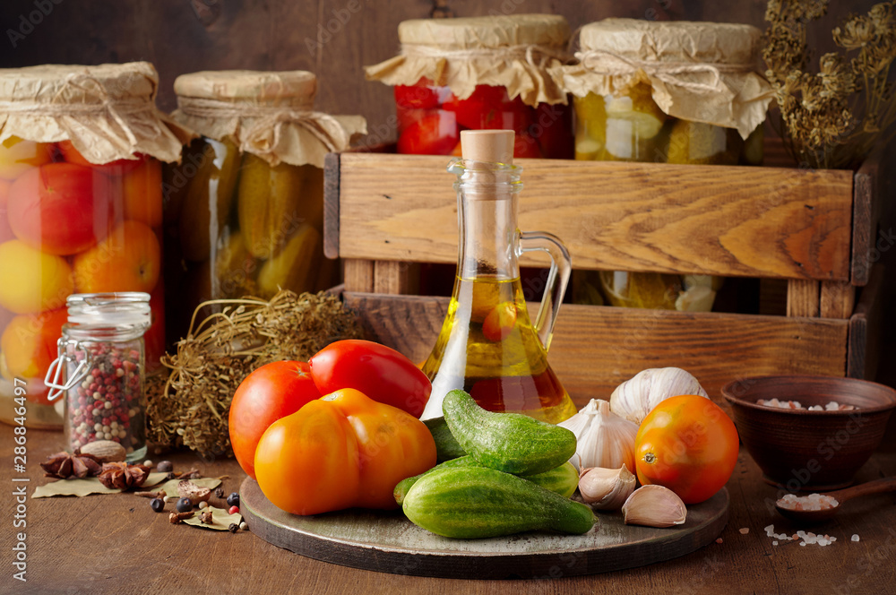 Basic ingredients for cooking homemade pickled tomato and cucumber