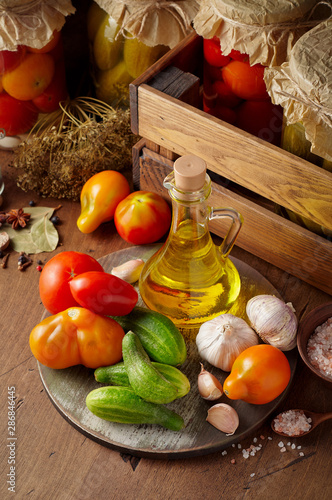 Basic ingredients for cooking homemade pickled tomato and cucumber