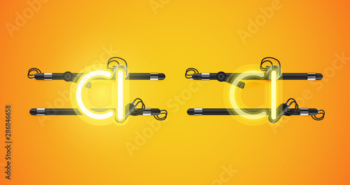 Realistic glowing yellow neon charcter on and off