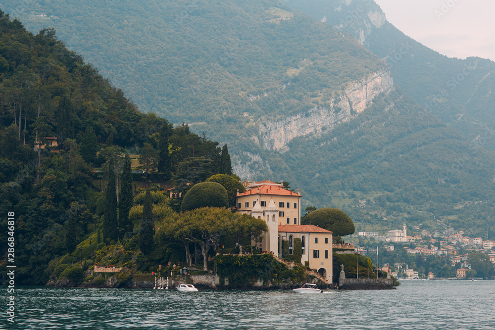 Villa Balbianello, Lake Como, Italy. View from boat outside.