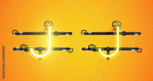 Realistic glowing yellow neon charcter on and off
