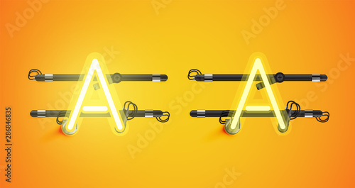 Realistic glowing yellow neon charcter on and off