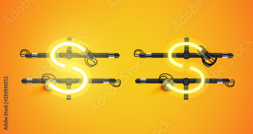 Realistic glowing yellow neon charcter on and off