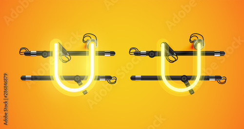 Realistic glowing yellow neon charcter on and off
