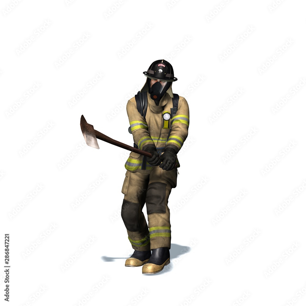 Fire fighter breaks door with axe - isolated on white background - 3D illustration Fire fighter breaks door with axe - isolated on white background - 3D illustration