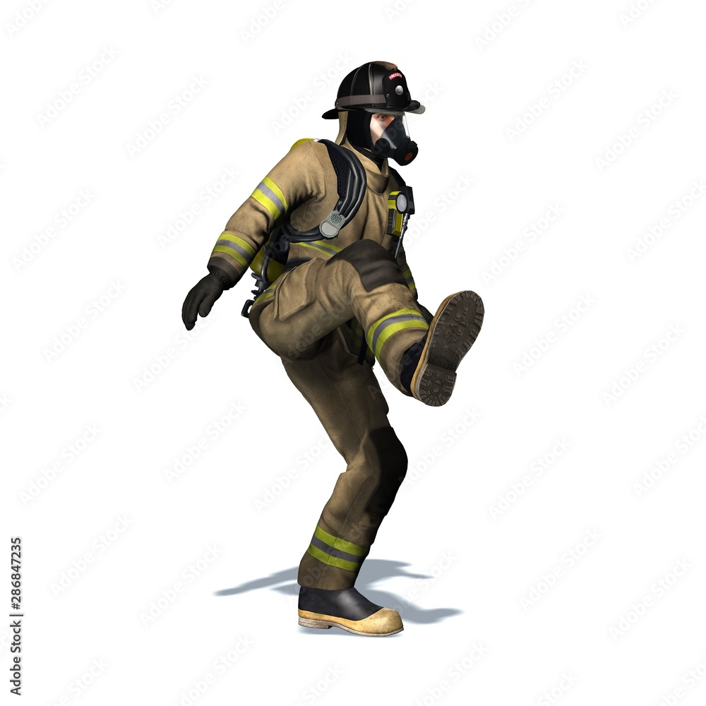 Fire fighter kicks the door open - isolated on white background - 3D illustration