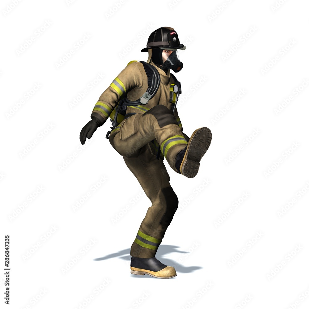 Fire fighter kicks the door open - isolated on white background - 3D illustration Fire fighter kicks the door open - isolated on white background - 3D illustration