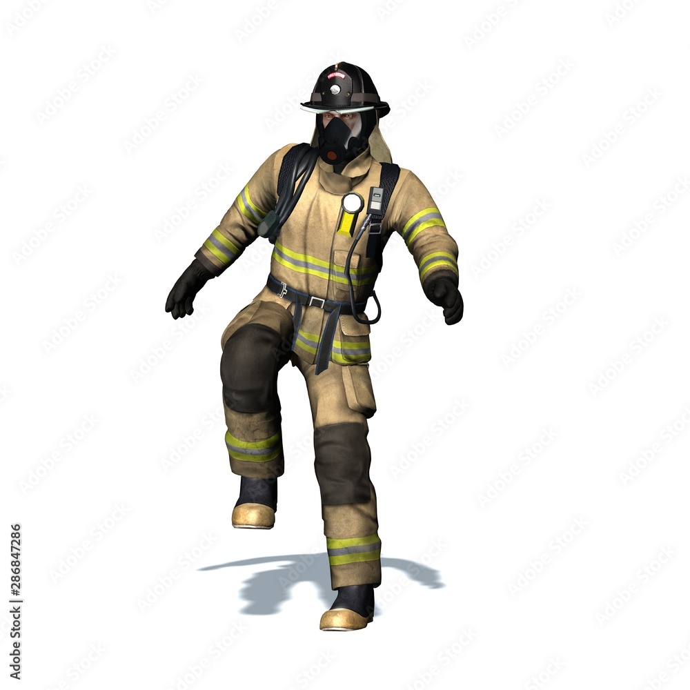 Fire fighter kicks the door open - isolated on white background - 3D illustration