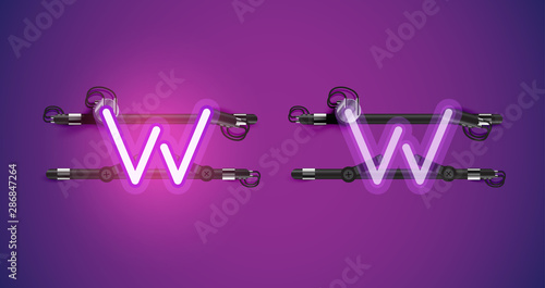 Realistic glowing purple neon charcter on and off