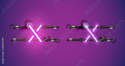 Realistic glowing purple neon charcter on and off