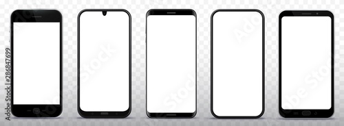 Black Smart Phones Vector Illustration Set on Transparent Background 