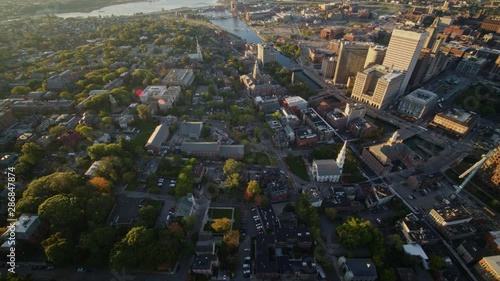 Providence Rhode Island Aerial v27 Panning birdseye of College Hill neighborhood with river and traffic views at sunrise - October 2017 photo