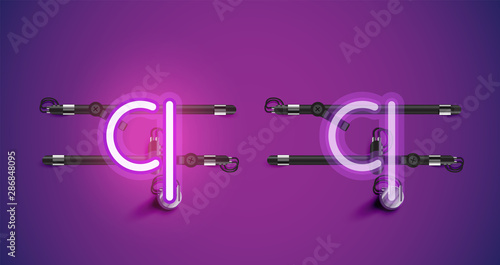 Realistic glowing purple neon charcter on and off