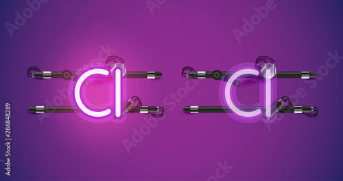 Realistic glowing purple neon charcter on and off